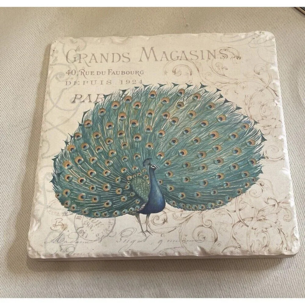 Grands‎ Magasins Colorful Peacock Bird Ceramic Tile Trivet 6 Inch Decor Art